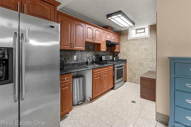 5410 Argyle St, Dearborn, MI 48126 - kitchen with appliances with stainless steel finishes, a sink, under cabinet range hood, dark stone counters, and light tile patterned floors