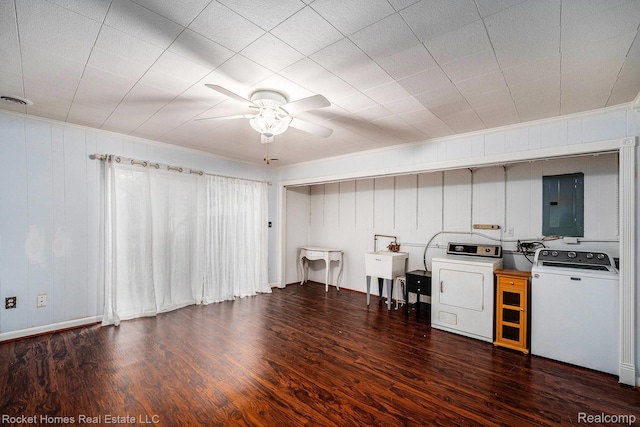 35825 Oakwood Ln, Westland, MI 48186 - kitchen featuring electric panel, a ceiling fan, washing machine and clothes dryer, and wood finished floors