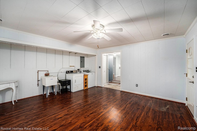 35825 Oakwood Ln, Westland, MI 48186 - home office with ceiling fan, ornamental molding, wood finished floors, electric panel, and washing machine and dryer