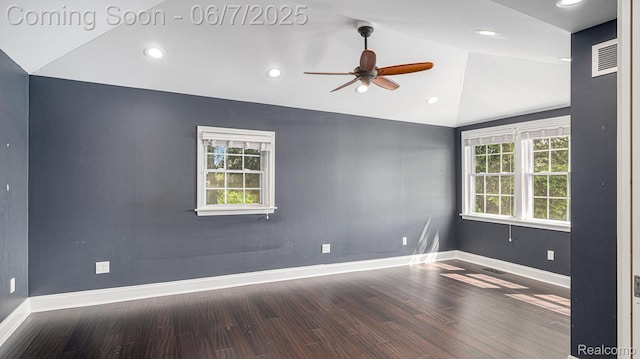 6288 Buckshore Dr, Whitmore Lake, MI 48189 - unfurnished room with ceiling fan, vaulted ceiling, wood finished floors, baseboards, and recessed lighting