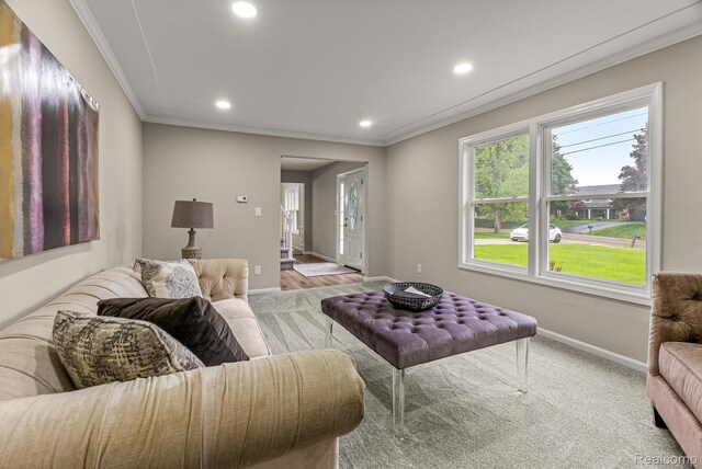 4766 Quarton Rd, Bloomfield, MI 48302 - living area with baseboards, light carpet, crown molding, and recessed lighting