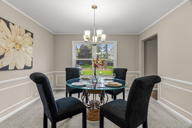 4766 Quarton Rd, Bloomfield, MI 48302 - dining room with a chandelier, light colored carpet, crown molding, a wainscoted wall, and a decorative wall
