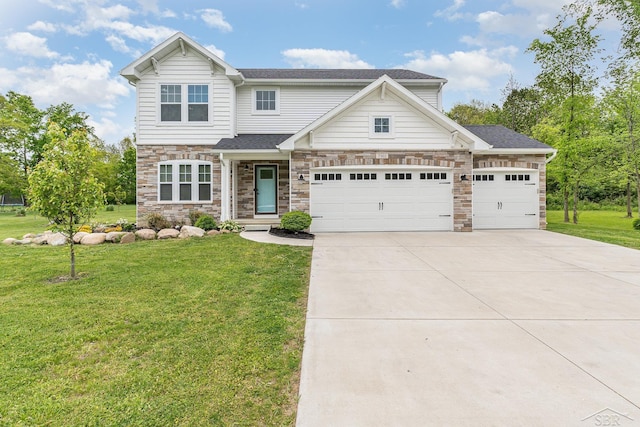 7302 Geraldine Cir, Swartz Creek, MI 48473 - view of front facade featuring concrete driveway, stone siding, a front lawn, and an attached garage