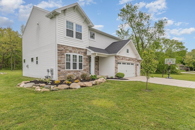 7302 Geraldine Cir, Swartz Creek, MI 48473 - view of front of property featuring stone siding, concrete driveway, a front lawn, and an attached garage