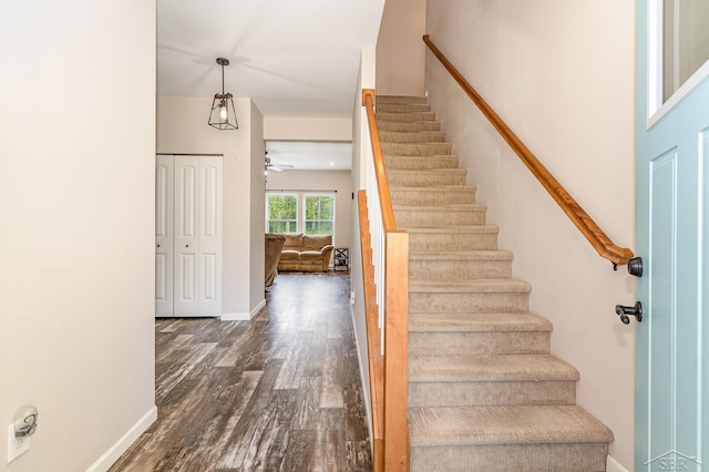 7302 Geraldine Cir, Swartz Creek, MI 48473 - stairway with wood finished floors, baseboards, and ceiling fan