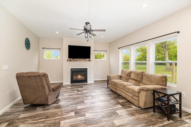 7302 Geraldine Cir, Swartz Creek, MI 48473 - living area featuring wood finished floors, a glass covered fireplace, healthy amount of natural light, baseboards, and recessed lighting