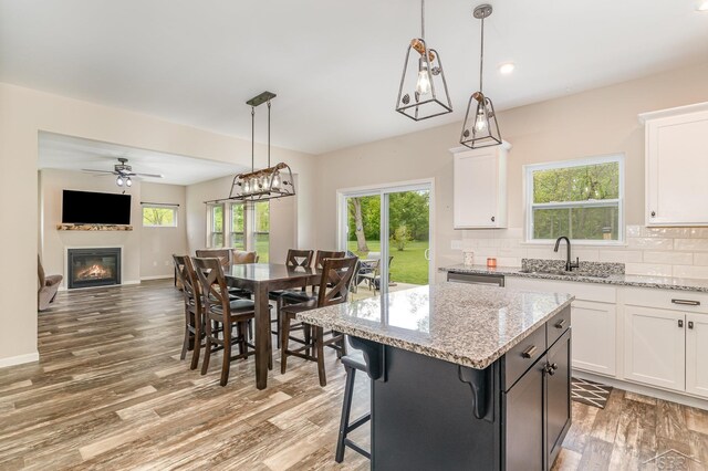 7302 Geraldine Cir, Swartz Creek, MI 48473 - kitchen with a sink, a glass covered fireplace, light wood-style floors, dishwasher, and decorative backsplash