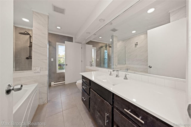 28290 Inkster Rd, Southfield, MI 48034 - bathroom with a baseboard heating unit, a stall shower, vanity, a garden tub, and toilet
