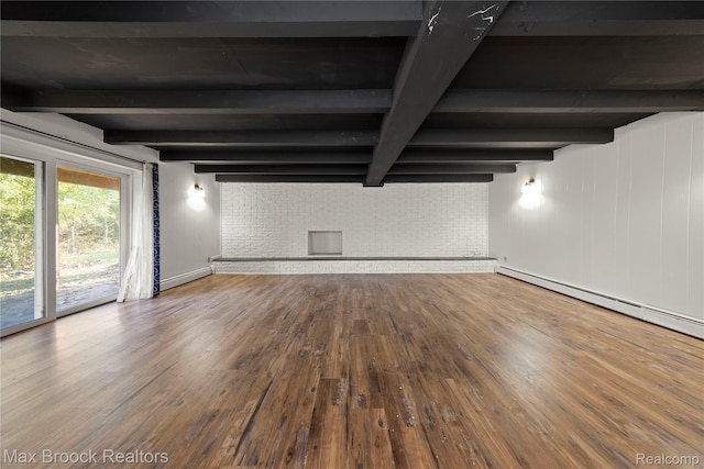 28290 Inkster Rd, Southfield, MI 48034 - unfurnished living room with wood finished floors, beam ceiling, a baseboard radiator, and baseboards