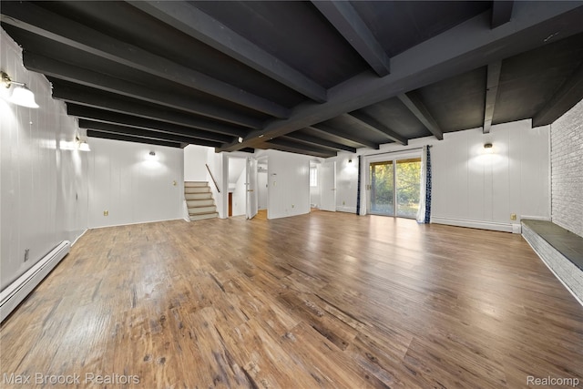 28290 Inkster Rd, Southfield, MI 48034 - basement with a baseboard heating unit, wood finished floors, and stairway