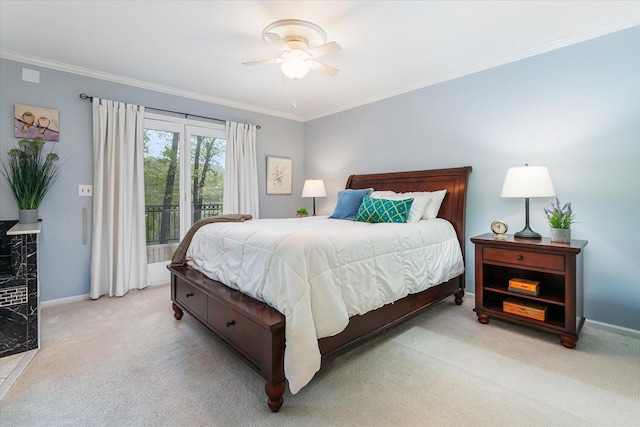 5400 Laura Dr, Shelbyville, MI 49344 - bedroom with light carpet, baseboards, crown molding, a ceiling fan, and access to exterior