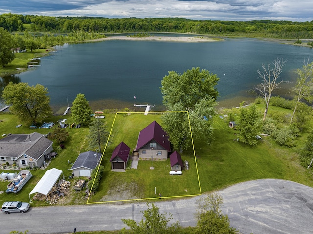 3050 Thorpe Dr, Delton, MI 49046 - aerial overview of property's location featuring a large body of water, property parcel outlined, and a forest