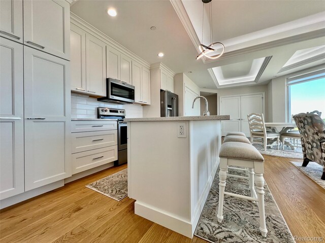 201 Beers St Unit 44, Port Huron, MI 48060 - kitchen with stainless steel appliances, light wood-style floors, light countertops, a kitchen island with sink, and backsplash