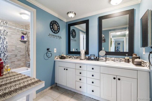 14850 La Grande Plz, Warren, MI 48088 - bathroom with double vanity, crown molding, shower / bath combination with curtain, tile patterned floors, and baseboards