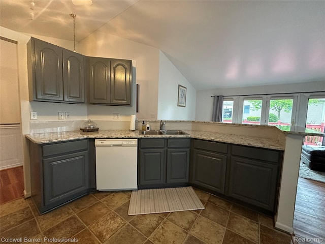 638 Eastway Cir, Lapeer, MI 48446 - kitchen with dishwasher, lofted ceiling, a sink, gray cabinets, and a peninsula