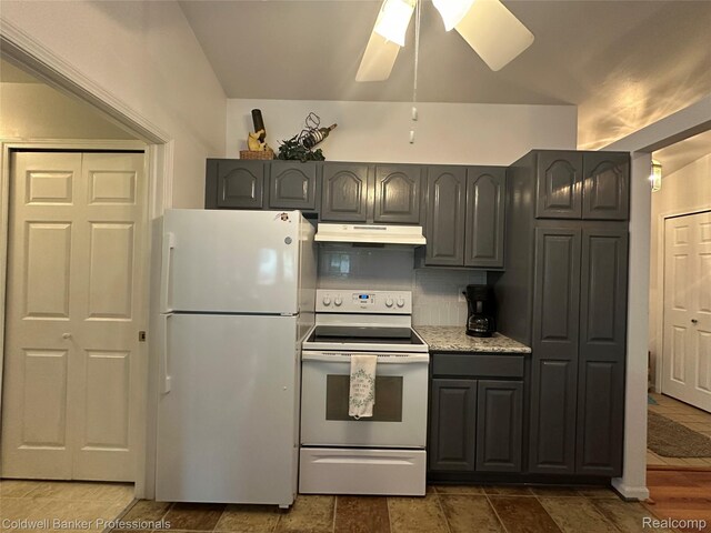 638 Eastway Cir, Lapeer, MI 48446 - kitchen featuring white appliances, under cabinet range hood, a ceiling fan, gray cabinetry, and backsplash