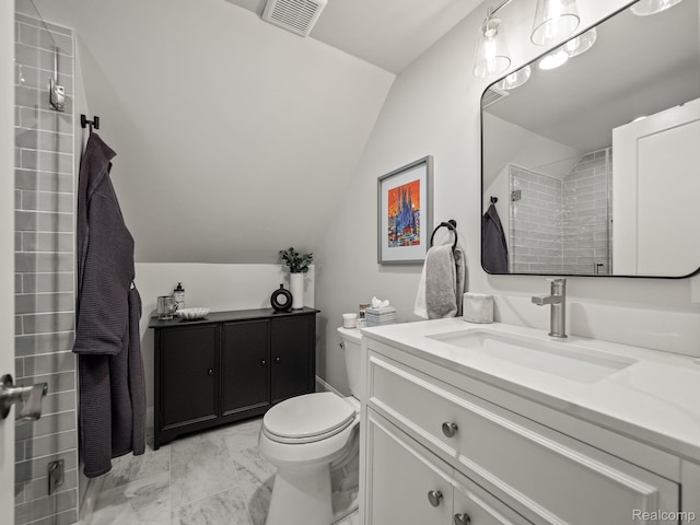 1017 N Connecticut Ave, Royal Oak, MI 48067 - full bathroom featuring vanity, lofted ceiling, toilet, marble finish flooring, and a tile shower