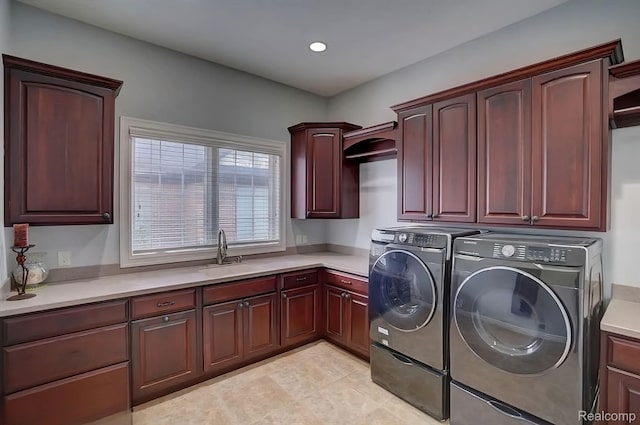 2571 N Long Lake Rd, Fenton, MI 48430 - laundry room featuring cabinet space, independent washer and dryer, light tile patterned flooring, and recessed lighting