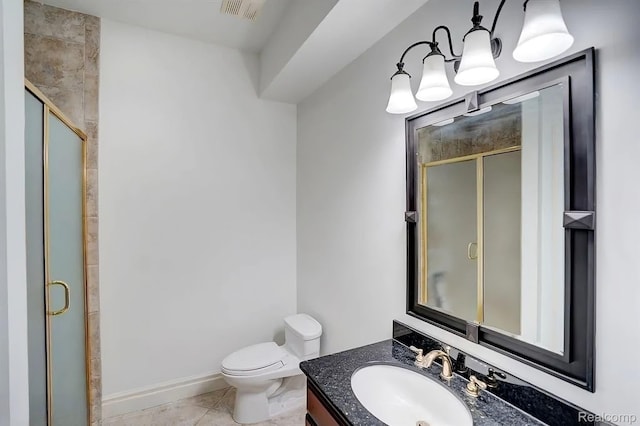 2571 N Long Lake Rd, Fenton, MI 48430 - bathroom with a stall shower, vanity, toilet, a chandelier, and baseboards
