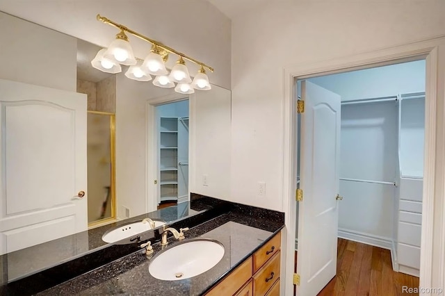 2571 N Long Lake Rd, Fenton, MI 48430 - full bathroom featuring a spacious closet, vanity, a shower with shower door, and wood finished floors