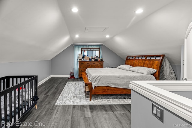15237 Oceana Ave, Allen Park, MI 48101 - bedroom featuring dark wood-style flooring, baseboards, vaulted ceiling, and recessed lighting