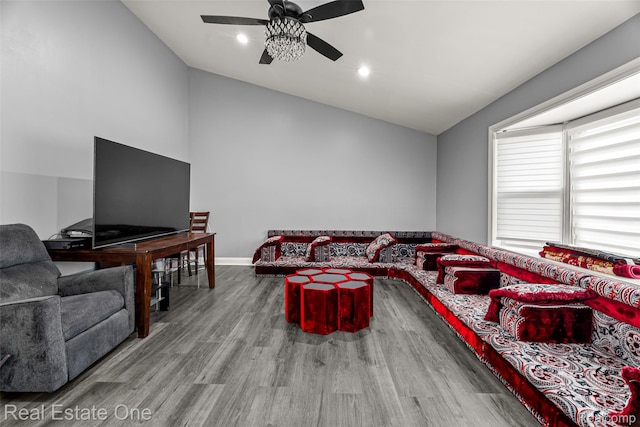 15237 Oceana Ave, Allen Park, MI 48101 - living area with lofted ceiling, ceiling fan, wood finished floors, recessed lighting, and baseboards