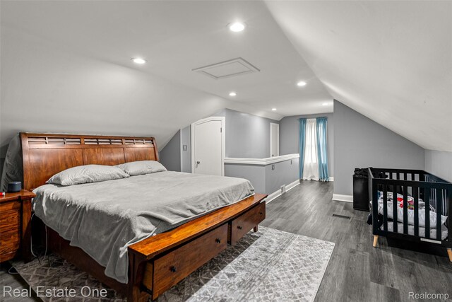 15237 Oceana Ave, Allen Park, MI 48101 - bedroom featuring dark wood-style floors, baseboards, attic access, vaulted ceiling, and recessed lighting