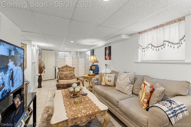 15210 Russell Ave, Allen Park, MI 48101 - living room with light tile patterned floors, a paneled ceiling, and recessed lighting