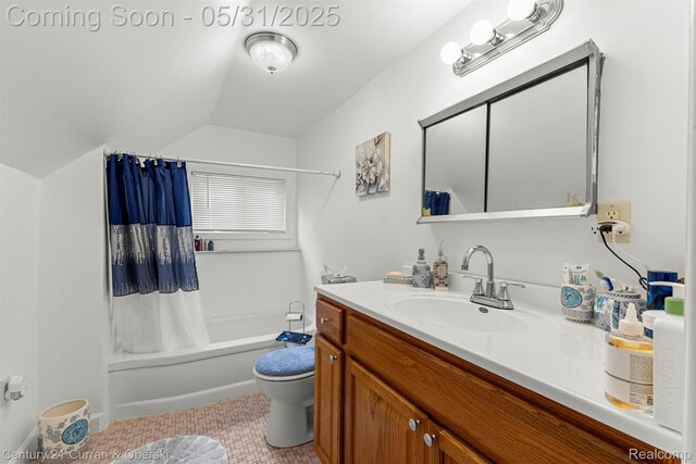 15210 Russell Ave, Allen Park, MI 48101 - full bathroom featuring toilet, vanity, lofted ceiling, shower / bath combo with shower curtain, and tile patterned flooring