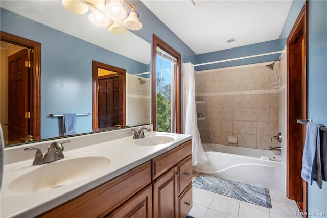 11589 Ember, Davisburg, MI 48350 - bathroom featuring tile patterned flooring, shower / tub combo with curtain, and double vanity