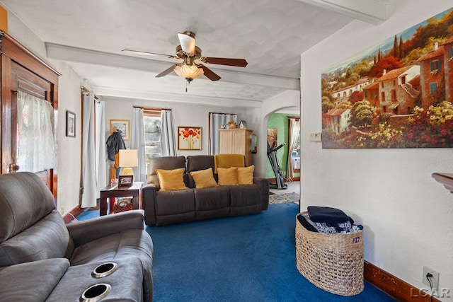 134 W Lagrange St, Morenci, MI 49256 - living room with arched walkways, a ceiling fan, carpet, and beam ceiling