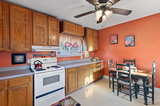134 W Lagrange St, Morenci, MI 49256 - kitchen featuring electric stove, under cabinet range hood, and brown cabinets