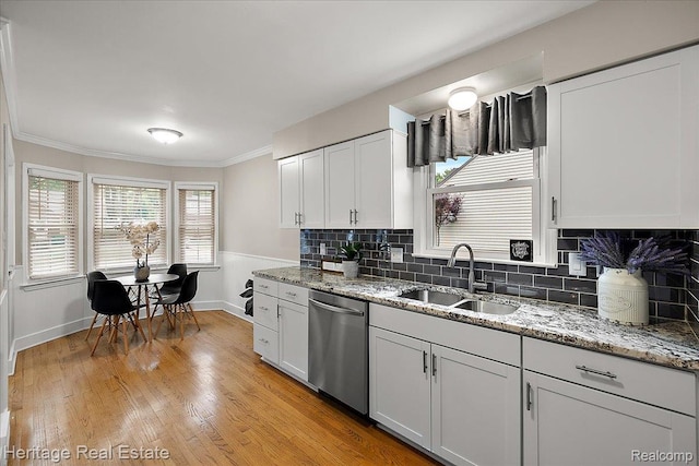 2376 Bacon Ave, Berkley, MI 48072 - kitchen featuring stainless steel dishwasher, a sink, baseboards, ornamental molding, and decorative backsplash