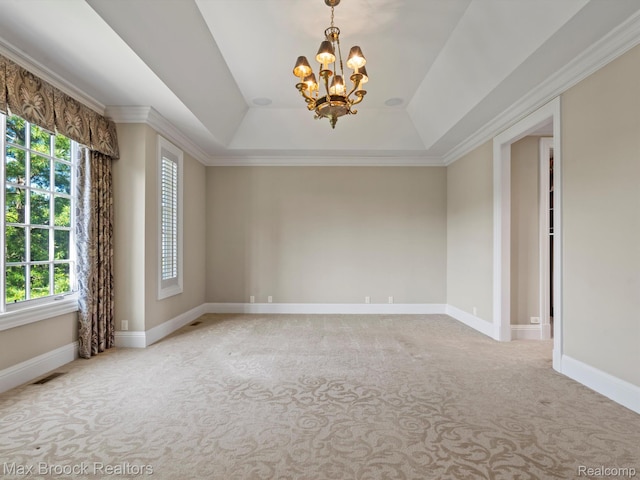 2921 Turtle Pond Ct, Bloomfield Hills, MI 48302 - spare room featuring a chandelier, a tray ceiling, carpet, crown molding, and baseboards