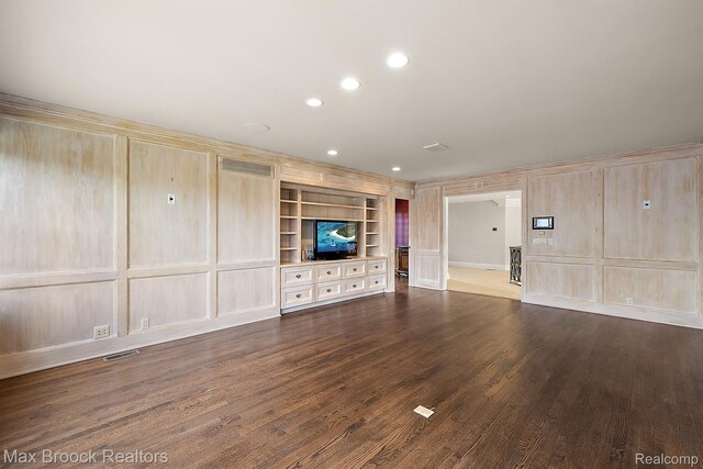 2921 Turtle Pond Ct, Bloomfield Hills, MI 48302 - unfurnished living room with dark wood-style floors, a decorative wall, built in features, and recessed lighting