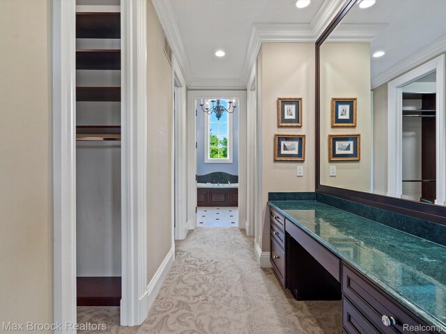 2921 Turtle Pond Ct, Bloomfield Hills, MI 48302 - bathroom featuring ornamental molding, vanity, baseboards, a chandelier, and recessed lighting