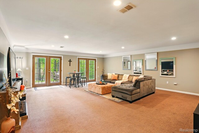 5960 Kidder Rd, Almont, MI 48003 - living room with crown molding, carpet, recessed lighting, french doors, and baseboards