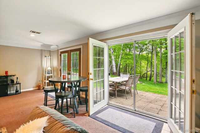 5960 Kidder Rd, Almont, MI 48003 - doorway to outside with french doors, carpet, crown molding, baseboards, and recessed lighting