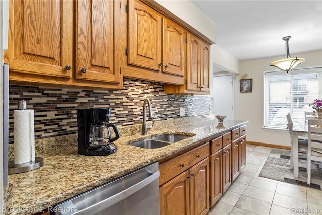 4328 15 Mile Rd, Sterling Heights, MI 48310 - kitchen with stainless steel dishwasher, a sink, light tile patterned flooring, light stone countertops, and backsplash