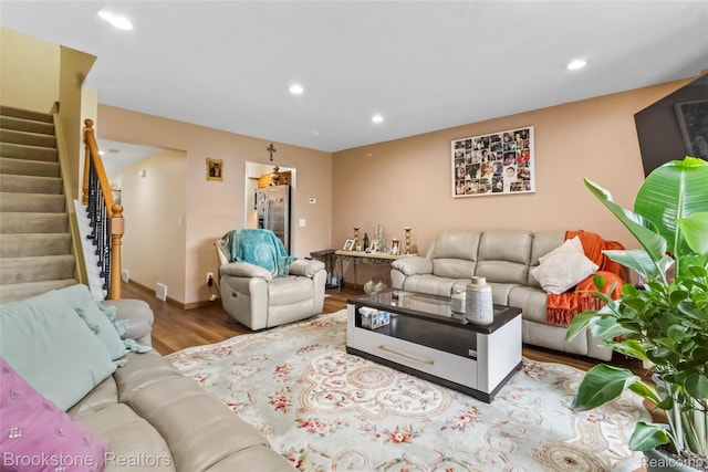 4328 15 Mile Rd, Sterling Heights, MI 48310 - living room with wood finished floors, recessed lighting, stairway, and baseboards