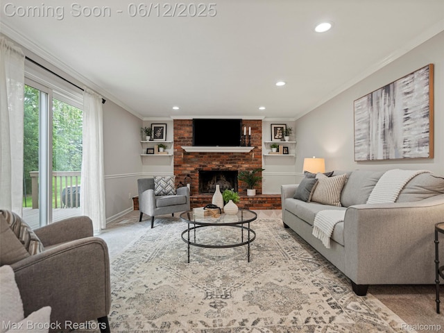5544 Kingsfield Dr, West Bloomfield, MI 48322 - living area featuring carpet, recessed lighting, ornamental molding, baseboards, and a fireplace