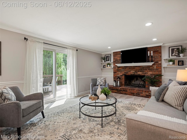 5544 Kingsfield Dr, West Bloomfield, MI 48322 - living room with crown molding, recessed lighting, a fireplace, baseboards, and carpet