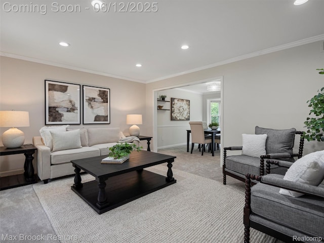 5544 Kingsfield Dr, West Bloomfield, MI 48322 - living room featuring recessed lighting, light carpet, crown molding, and baseboards