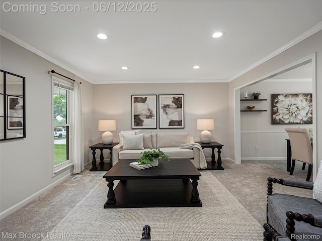 5544 Kingsfield Dr, West Bloomfield, MI 48322 - living area featuring carpet, crown molding, recessed lighting, and baseboards