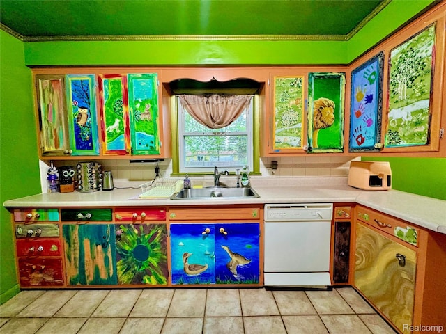 219 W Butler St, Bad Axe, MI 48413 - kitchen featuring white dishwasher, a sink, light tile patterned flooring, decorative backsplash, and light countertops