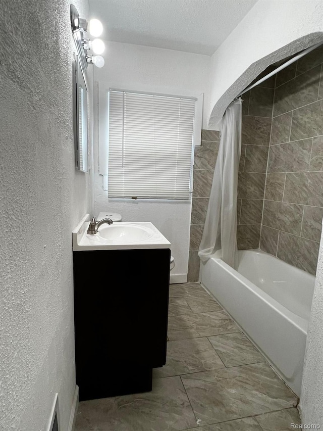 8260 Coyle St, Detroit, MI 48228 - full bath with vanity, a textured wall, shower / bath combo with shower curtain, toilet, and marble look tile flooring