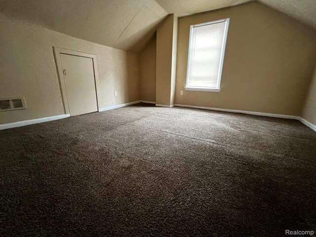 8260 Coyle St, Detroit, MI 48228 - additional living space featuring lofted ceiling, carpet, a textured wall, a textured ceiling, and baseboards