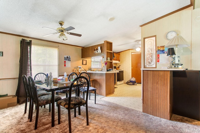 1211 107th Ave, Otsego, MI 49078 - dining space with ceiling fan, ornamental molding, light colored carpet, wooden walls, and a textured ceiling