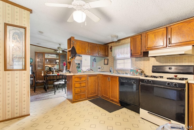 1211 107th Ave, Otsego, MI 49078 - kitchen with dishwasher, gas stove, under cabinet range hood, wallpapered walls, and a ceiling fan