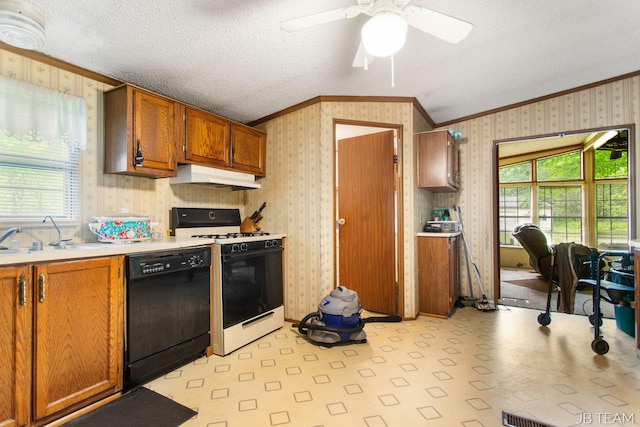1211 107th Ave, Otsego, MI 49078 - kitchen with ornamental molding, gas stove, black dishwasher, wallpapered walls, and a sink